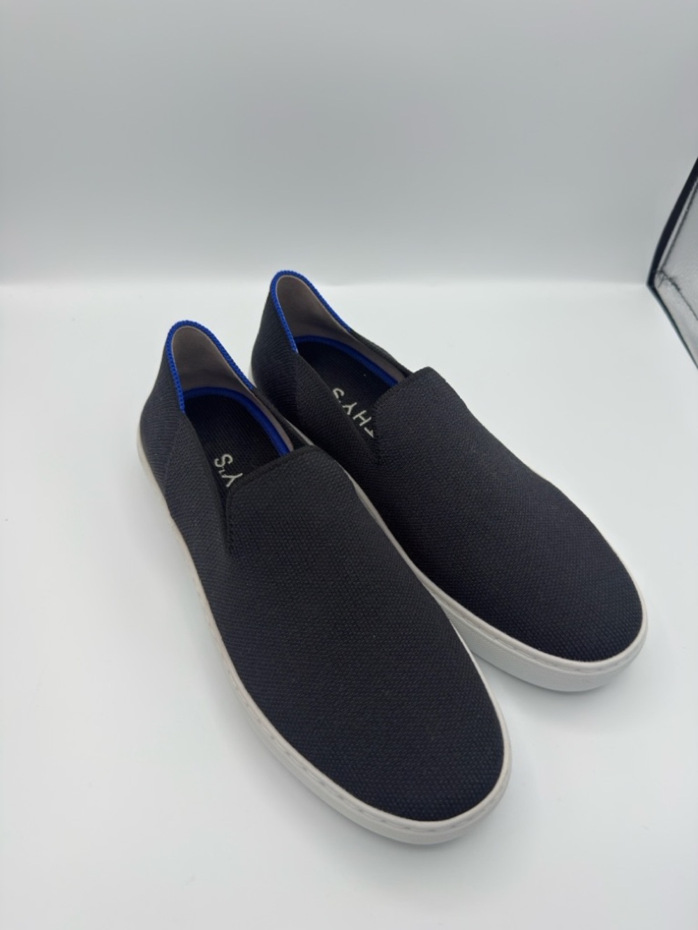 Rothy’s Black Slip-On Canvas Sneakers with Blue Trim Size 7.5